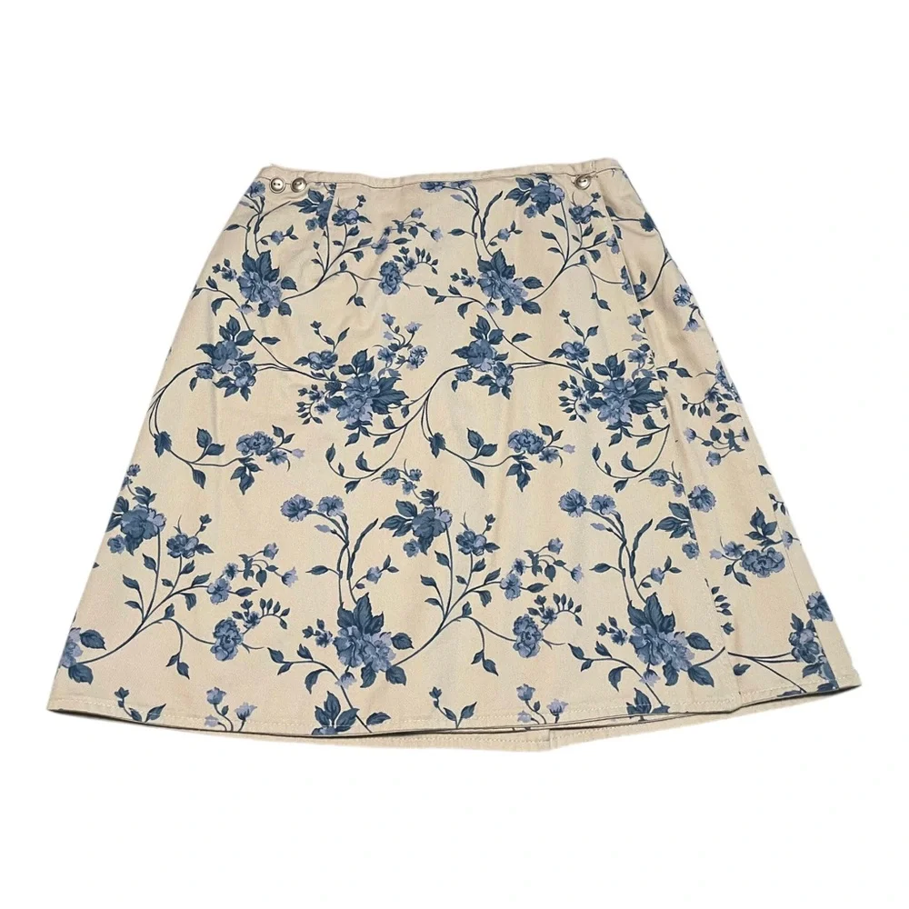 Denim & Co Beige Wrap Mini Skirt Blue Floral Size Medium Cotton Y2K Vintage Boho